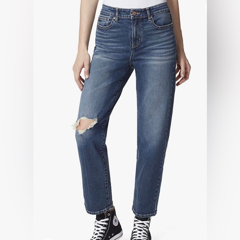 FRAYED high rise straight leg jeans / women